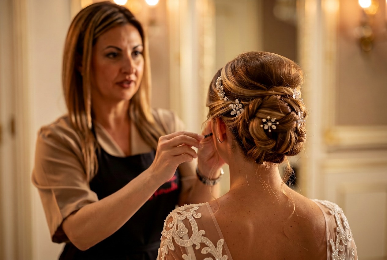 Claudia realizza un'acconciatura da sposa